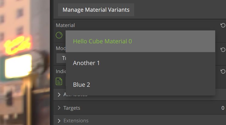 Material selection drop-down in primitive Inspector